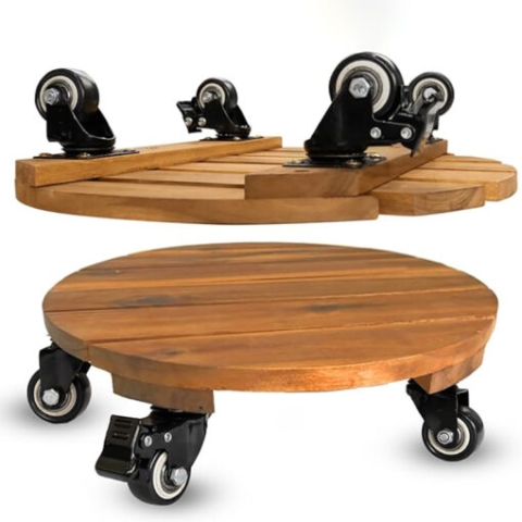 Wooden plant pot base with wheels
